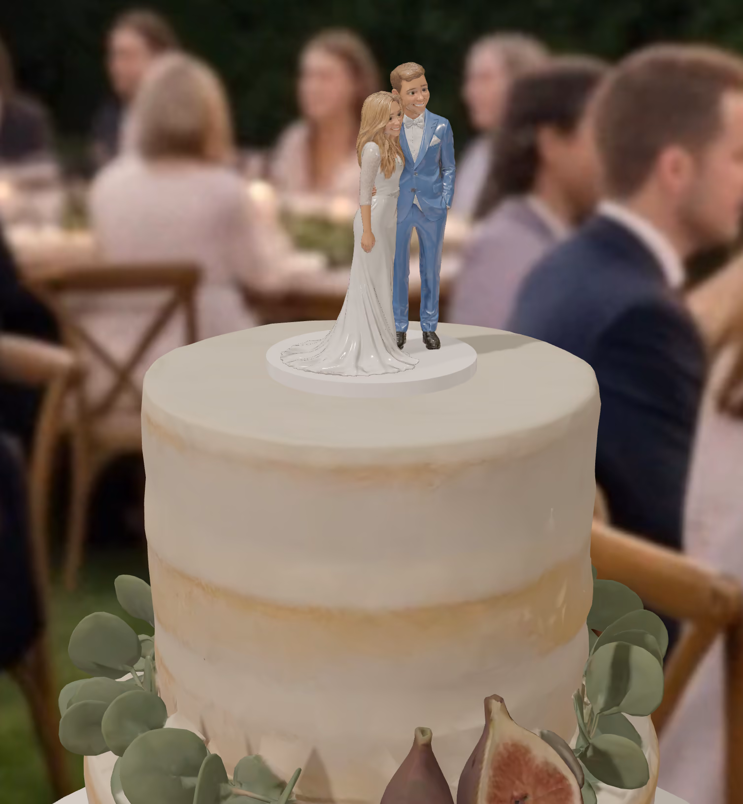 A custom wedding cake topper, sculpted to look like the couple, on a tiered cake.